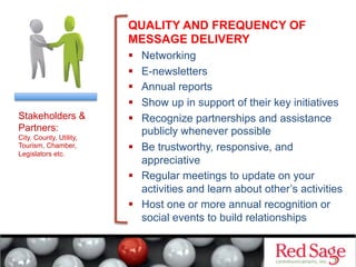 QUALITY AND FREQUENCY OF
MESSAGE DELIVERY
  Networking
  E-newsletters
  Annual reports
  Show up in support of their key initiatives
  Recognize partnerships and assistance
publicly whenever possible
  Be trustworthy, responsive, and
appreciative
  Regular meetings to update on your
activities and learn about other’s activities
  Host one or more annual recognition or
social events to build relationships
Stakeholders &
Partners:
City, County, Utility,
Tourism, Chamber,
Legislators etc.
 