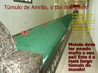 Moisés deve ter amado muito o seu pai! Este é o mais longo túmulo do mundo! Túmulo de Amrão, o pai de Moisés Êxodo 6:20 “Anrão tomou por mulher sua tia Joquebede, e ela deu à luz Arão e Moisés. A vida de Anrão foi de cento e trinta e sete anos. 