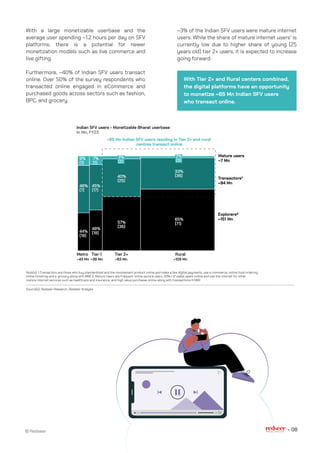© Redseer 08
With a large monetizable userbase and the
average user spending ~1.2 hours per day on SFV
platforms, there is a potential for newer
monetization models such as live commerce and
live gifting.
Furthermore, ~40% of Indian SFV users transact
online. Over 50% of the survey respondents who
transacted online engaged in eCommerce and
purchased goods across sectors such as fashion,
BPC, and grocery.
~3% of the Indian SFV users were mature internet
users. While the share of mature internet users1
is
currently low due to higher share of young (25
years old) tier 2+ users, it is expected to increase
going forward.
Source(s): Redseer Research, Redseer Analysis
Note(s): 1.Transactors are those who buy standardized and low-involvement product online and make a few digital payments, use e-commerce, online food ordering,
online ticketing and e-grocery along with M&E 2. Mature Users are Frequent online service users, 50%+ of wallet spent online and use the internet for other
mature internet services such as healthcare and insurance and high value purchases online along with transactions & M&E.
Indian SFV users - Monetizable Bharat userbase
In Mn, FY23
Mature users
~7 Mn
Transactors¹
~94 Mn
Explorers²
~151 Mn
~65 Mn Indian SFV users residing in Tier 2+ and rural
centres transact online
8%
(1)
48%
(7)
44%
(19)
Metro Tier 1 Tier 2+ Rural
7%
(1)
45%
(17)
48%
(18)
3%
(2)
40%
(25)
57%
(36)
65%
(71)
33%
(36)
~43 Mn ~38 Mn ~63 Mn ~109 Mn
2%
(3)
With Tier 2+ and Rural centers combined,
the digital platforms have an opportunity
to monetize ~65 Mn Indian SFV users
who transact online.
 