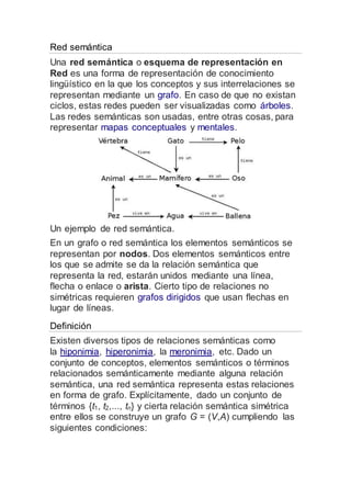 Red semántica
Una red semántica o esquema de representación en
Red es una forma de representación de conocimiento
lingüístico en la que los conceptos y sus interrelaciones se
representan mediante un grafo. En caso de que no existan
ciclos, estas redes pueden ser visualizadas como árboles.
Las redes semánticas son usadas, entre otras cosas, para
representar mapas conceptuales y mentales.
Un ejemplo de red semántica.
En un grafo o red semántica los elementos semánticos se
representan por nodos. Dos elementos semánticos entre
los que se admite se da la relación semántica que
representa la red, estarán unidos mediante una línea,
flecha o enlace o arista. Cierto tipo de relaciones no
simétricas requieren grafos dirigidos que usan flechas en
lugar de líneas.
Definición
Existen diversos tipos de relaciones semánticas como
la hiponimia, hiperonimia, la meronimia, etc. Dado un
conjunto de conceptos, elementos semánticos o términos
relacionados semánticamente mediante alguna relación
semántica, una red semántica representa estas relaciones
en forma de grafo. Explícitamente, dado un conjunto de
términos {t1, t2,..., tn} y cierta relación semántica simétrica
entre ellos se construye un grafo G = (V,A) cumpliendo las
siguientes condiciones:
 