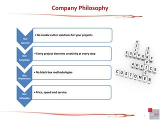 Company Philosophy



             • No cookie cutter solutions for your projects
    Not
  Generic



             • Every project deserves creativity at every step
   Not
Simplistic



             • No black box methodologies
   Not
Mysterious




             • Price, speed and service
   Not
Inflexible




                                                                 3
 