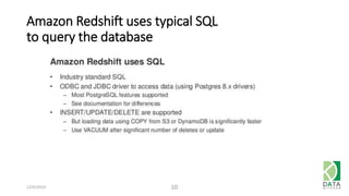 Amazon Redshift uses typical SQL 
to query the database 
12/6/2014 10 
 