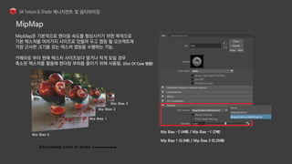 MipMap은 기본적으로 렌더링 속도를 향상시키기 위한 목적으로
기본 텍스처를 여러가지 사이즈로 만들어 두고 맵핑 될 오브젝트에
가장 근사한 크기를 갖는 텍스처 맵핑을 수행하는 기능.
카메라로 부터 원래 텍스처 사이즈보다 멀거나 작게 보일 경우
축소된 텍스처를 활용해 렌더링 부하를 줄이기 위해 사용됨. (Out Of Core 영향)
Mip Bias -2 (4배) / Mip Bias -1 (2배)
Mip Bias 1 (0.5배) / Mip Bias 2 (0.25배)
 