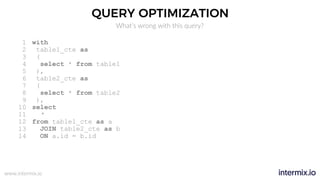 www.intermix.io
QUERY OPTIMIZATION
What’s wrong with this query?
with
table1_cte as
(
select * from table1
),
table2_cte as
(
select * from table2
),
select
*
from table1_cte as a
JOIN table2_cte as b
ON a.id = b.id
1
2
3
4
5
6
7
8
9
10
11
12
13
14
 