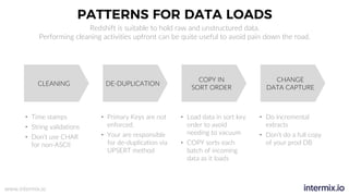 www.intermix.io
PATTERNS FOR DATA LOADS
CLEANING DE-DUPLICATION
COPY IN
SORT ORDER
CHANGE
DATA CAPTURE
• Time stamps
• String validations
• Don’t use CHAR
for non-ASCII
• Primary Keys are not
enforced.
• Your are responsible
for de-duplication via
UPSERT method
Redshift is suitable to hold raw and unstructured data.
Performing cleaning activities upfront can be quite useful to avoid pain down the road.
• Do incremental
extracts
• Don’t do a full copy
of your prod DB
• Load data in sort key
order to avoid
needing to vacuum
• COPY sorts each
batch of incoming
data as it loads
 