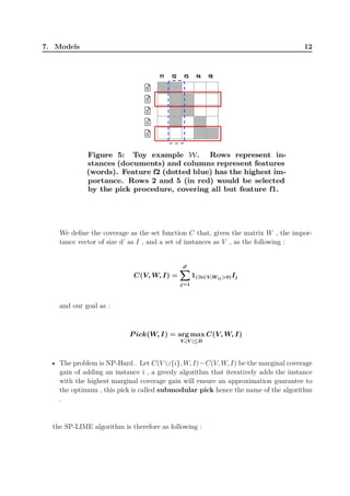 7. Models 12
We define the coverage as the set function C that, given the matrix W , the impor-
tance vector of size d’ as I , and a set of instances as V , as the following :
C(V, W, I) =
d′
∑∑∑
j=1
1(∃i∈V,Wij0)Ij
and our goal as :
P ick(W, I) = arg max
V,|V |≤B
C(V, W, I)
• The problem is NP-Hard . Let C(V ∪{i}, W, I)−C(V, W, I) be the marginal coverage
gain of adding an instance i , a greedy algorithm that iteratively adds the instance
with the highest marginal coverage gain will ensure an approximation guarantee to
the optimum , this pick is called submodular pick hence the name of the algorithm
.
the SP-LIME algorithm is therefore as following :
 