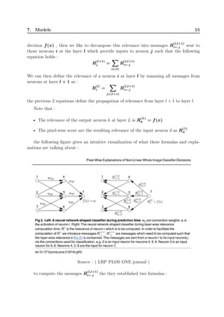 7. Models 15
decision f(x) , then we like to decompose this relevance into messages R
(l,l+1)
i←j sent to
those neurons i at the layer l which provide inputs to neuron j such that the following
equation holds :
R
(l+1)
j =
∑∑∑
i∈(l)
R
(l,l+1)
i←j
We can then define the relevance of a neuron i at layer l by summing all messages from
neurons at layer l + 1 as :
R
(l)
i =
∑∑∑
j∈(l+1)
R
(l,l+1)
i←j
the previous 2 equations define the propagation of relevance from layer l + 1 to layer l
Note that :
• The relevance of the output neuron k at layer L is R
(L)
k = f(x)
• The pixel-wise score are the resulting relevance of the input neuron d as R
(1)
d
the following figure gives an intuitive visualization of what these formulas and expla-
nations are talking about :
Source : ( LRP PLOS ONE journal )
to compute the messages R
(l,l+1)
i←j the they established two formulas :
 