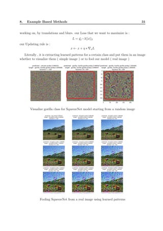 8. Example Based Methods 31
working on, by translations and blurs. our Loss that we want to maximize is :
L = ˜yj−λ||x||2
our Updating rule is :
x ← x + η ∗ ∇xL
Literally , it is extracting learned patterns for a certain class and put them in an image
whether to visualize them ( simple image ) or to fool our model ( real image )
Visualize gorilla class for SqueezeNet model starting from a random image
Fooling SqueezeNet from a real image using learned patterns
 