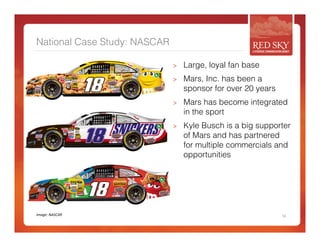 National Case Study: NASCAR 
> Large, loyal fan base 
> Mars, Inc. has been a 
sponsor for over 20 years 
> Mars has become integrated 
in the sport 
> Kyle Busch is a big supporter 
of Mars and has partnered 
for multiple commercials and 
opportunities 
Image: 
NASCAR 
14 
 