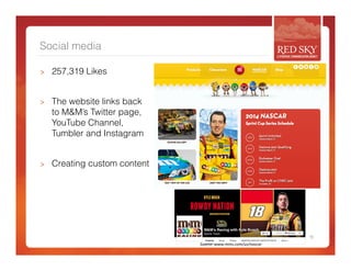 Social media 
> 257,319 Likes 
> The website links back 
to M&M’s Twitter page, 
YouTube Channel, 
Tumbler and Instagram 
> Creating custom content 
15 
Source: 
www.mms.com/us/nascar 
 