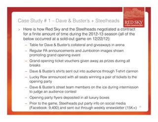 Case Study # 1 – Dave & Buster’s + Steelheads 
> Here is how Red Sky and the Steelheads negotiated a contract 
for a finite amount of time during the 2012-13 season (all of the 
below occurred at a sold-out game on 12/22/12): 
– Table for Dave & Buster’s collateral and giveaways in arena 
– Regular PA announcements and Jumbotron images shown 
promoting grand opening event 
– Grand opening ticket vouchers given away as prizes during all 
breaks 
– Dave & Buster’s shirts sent out into audience through T-shirt cannon 
– Lucky Row announced with all seats winning a pair of tickets to the 
opening party 
– Dave & Buster’s street team members on the ice during intermission 
to judge an audience contest 
– Opening party flyers deposited in all luxury boxes 
– Prior to the game, Steelheads put party info on social media 
(Facebook: 9,400) and sent out through weekly enewsletter (15K+) 20 
 
