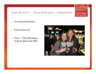 Case Study # 1 – Dave & Buster’s + Steelheads 
> In-kind partnership 
> Event sold out! 
> Over 1,100 attendees, 
original goal was 800 
22 
 