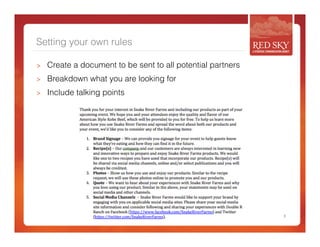 Setting your own rules 
> Create a document to be sent to all potential partners 
> Breakdown what you are looking for 
> Include talking points 
8 
 