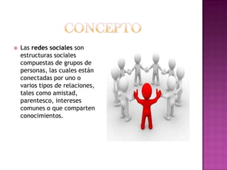  conceptoLas redes sociales son estructuras sociales compuestas de grupos de personas, las cuales están conectadas por uno o varios tipos de relaciones, tales como amistad, parentesco, intereses comunes o que comparten conocimientos.