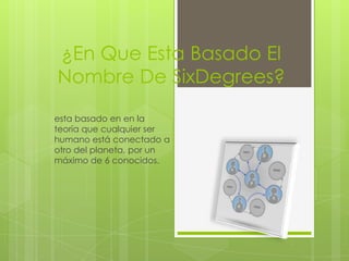 ¿En Que Esta Basado El
Nombre De SixDegrees?
esta basado en en la
teoría que cualquier ser
humano está conectado a
otro del planeta, por un
máximo de 6 conocidos.
 