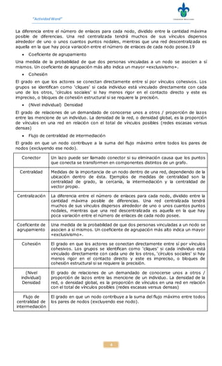 “ActividadWord”
4
La diferencia entre el número de enlaces para cada nodo, dividido entre la cantidad máxima
posible de diferencias. Una red centralizada tendrá muchos de sus vínculos dispersos
alrededor de uno o unos cuantos puntos nodales, mientras que una red descentralizada es
aquella en la que hay poca variación entre el número de enlaces de cada nodo posee.19
 Coeficiente de agrupamiento
Una medida de la probabilidad de que dos personas vinculadas a un nodo se asocien a sí
mismos. Un coeficiente de agrupación más alto indica un mayor «exclusivismo».
 Cohesión
El grado en que los actores se conectan directamente entre sí por vínculos cohesivos. Los
grupos se identifican como ‘cliques’ si cada individuo está vinculado directamente con cada
uno de los otros, ‘círculos sociales’ si hay menos rigor en el contacto directo y este es
impreciso, o bloques de cohesión estructural si se requiere la precisión.
 (Nivel individual) Densidad
El grado de relaciones de un demandado de conocerse unos a otros / proporción de lazos
entre las mencione de un individuo. La densidad de la red, o densidad global, es la proporción
de vínculos en una red en relación con el total de vínculos posibles (redes escasas versus
densas)
 Flujo de centralidad de intermediación
El grado en que un nodo contribuye a la suma del flujo máximo entre todos los pares de
nodos (excluyendo ese nodo).
Conector Un lazo puede ser llamado conector si su eliminación causa que los puntos
que conecta se transformen en componentes distintos de un grafo.
Centralidad Medidas de la importancia de un nodo dentro de una red, dependiendo de la
ubicación dentro de ésta. Ejemplos de medidas de centralidad son la
centralidad de grado, la cercanía, la intermediación y la centralidad de
vector propio.
Centralización La diferencia entre el número de enlaces para cada nodo, dividido entre la
cantidad máxima posible de diferencias. Una red centralizada tendrá
muchos de sus vínculos dispersos alrededor de uno o unos cuantos puntos
nodales, mientras que una red descentralizada es aquella en la que hay
poca variación entre el número de enlaces de cada nodo posee.
Coeficiente de
agrupamiento
Una medida de la probabilidad de que dos personas vinculadas a un nodo se
asocien a sí mismos. Un coeficiente de agrupación más alto indica un mayor
«exclusivismo».
Cohesión El grado en que los actores se conectan directamente entre sí por vínculos
cohesivos. Los grupos se identifican como ‘cliques’ si cada individuo está
vinculado directamente con cada uno de los otros, ‘círculos sociales’ si hay
menos rigor en el contacto directo y este es impreciso, o bloques de
cohesión estructural si se requiere la precisión.
(Nivel
individual)
Densidad
El grado de relaciones de un demandado de conocerse unos a otros /
proporción de lazos entre las mencione de un individuo. La densidad de la
red, o densidad global, es la proporción de vínculos en una red en relación
con el total de vínculos posibles (redes escasas versus densas)
Flujo de
centralidad de
intermediación
El grado en que un nodo contribuye a la suma del flujo máximo entre todos
los pares de nodos (excluyendo ese nodo).
 