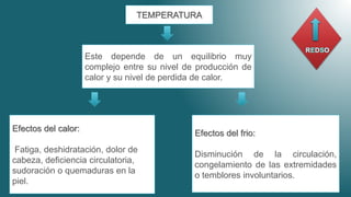 TEMPERATURA
Este depende de un equilibrio muy
complejo entre su nivel de producción de
calor y su nivel de perdida de calor.
Efectos del calor:
Fatiga, deshidratación, dolor de
cabeza, deficiencia circulatoria,
sudoración o quemaduras en la
piel.
Efectos del frio:
Disminución de la circulación,
congelamiento de las extremidades
o temblores involuntarios.
 
