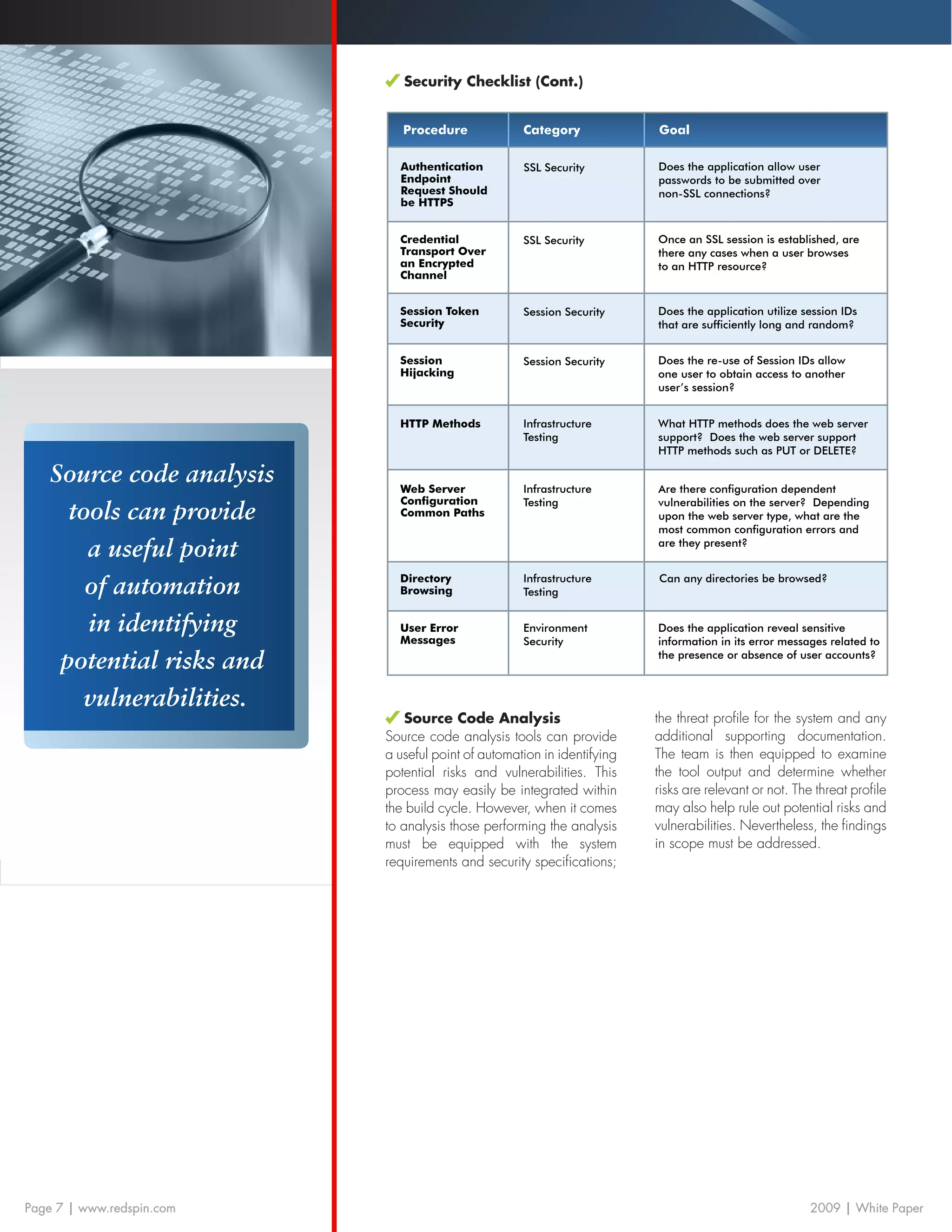 Security Checklist (Cont.)


                              Procedure             Category             Goal

                             Authentication         SSL Security         Does the application allow user
                             Endpoint                                    passwords to be submitted over
                             Request Should                              non-SSL connections?
                             be HTTPS


                             Credential             SSL Security         Once an SSL session is established, are
                             Transport Over                              there any cases when a user browses
                             an Encrypted                                to an HTTP resource?
                             Channel


                             Session Token          Session Security     Does the application utilize session IDs
                             Security                                    that are sufficiently long and random?


                             Session                Session Security     Does the re-use of Session IDs allow
                             Hijacking                                   one user to obtain access to another
                                                                         user’s session?


                             HTTP Methods           Infrastructure       What HTTP methods does the web server
                                                    Testing              support? Does the web server support
                                                                         HTTP methods such as PUT or DELETE?

   Source code analysis      Web Server             Infrastructure       Are there configuration dependent
                             Configuration          Testing              vulnerabilities on the server? Depending
     tools can provide       Common Paths                                upon the web server type, what are the
                                                                         most common configuration errors and

       a useful point                                                    are they present?



       of automation         Directory
                             Browsing
                                                    Infrastructure
                                                    Testing
                                                                         Can any directories be browsed?



       in identifying        User Error             Environment          Does the application reveal sensitive
                             Messages               Security             information in its error messages related to

    potential risks and                                                  the presence or absence of user accounts?



       vulnerabilities.
                               Source Code Analysis                      the threat profile for the system and any
                           Source code analysis tools can provide        additional supporting documentation.
                           a useful point of automation in identifying   The team is then equipped to examine
                           potential risks and vulnerabilities. This     the tool output and determine whether
                           process may easily be integrated within       risks are relevant or not. The threat profile
                           the build cycle. However, when it comes       may also help rule out potential risks and
                           to analysis those performing the analysis     vulnerabilities. Nevertheless, the findings
                           must be equipped with the system              in scope must be addressed.
                           requirements and security specifications;




Page 7 | www.redspin.com                                                                               2009 | White Paper
 