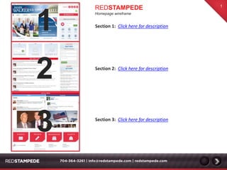 REDSTAMPEDE 
Homepage wireframe 
Section 1: Click here for description 
Section 2: Click here for description 
Section 3: Click here for description 
1 
2 
3 
1 
 
