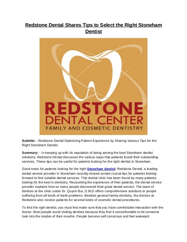 Redstone Dental Shares Tips to Select the Right Stoneham Dentist