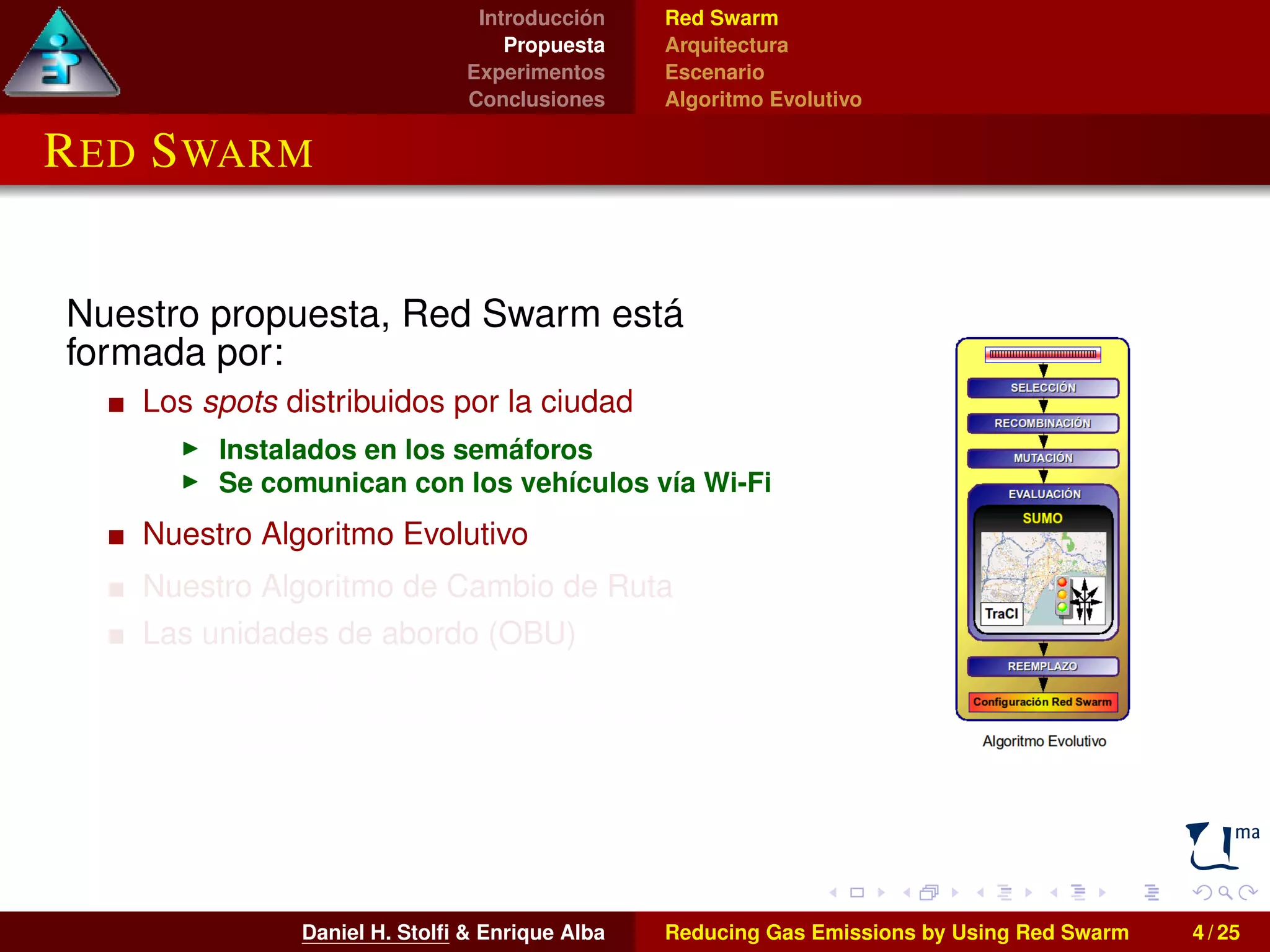 Introducción 
Propuesta 
Experimentos 
Conclusiones 
Red Swarm 
Arquitectura 
Escenario 
Algoritmo Evolutivo 
RED SWARM 
Nuestro propuesta, Red Swarm está 
formada por: 
Los spots distribuidos por la ciudad 
I Instalados en los semáforos 
I Se comunican con los vehículos vía Wi-Fi 
Nuestro Algoritmo Evolutivo 
Nuestro Algoritmo de Cambio de Ruta 
Las unidades de abordo (OBU) 
I Instaladas en los vehículos 
I También pueden utilizarse smartphones o 
tablets 
Daniel H. Stolfi & Enrique Alba Reducing Gas Emissions by Using Red Swarm 4 / 25 
 