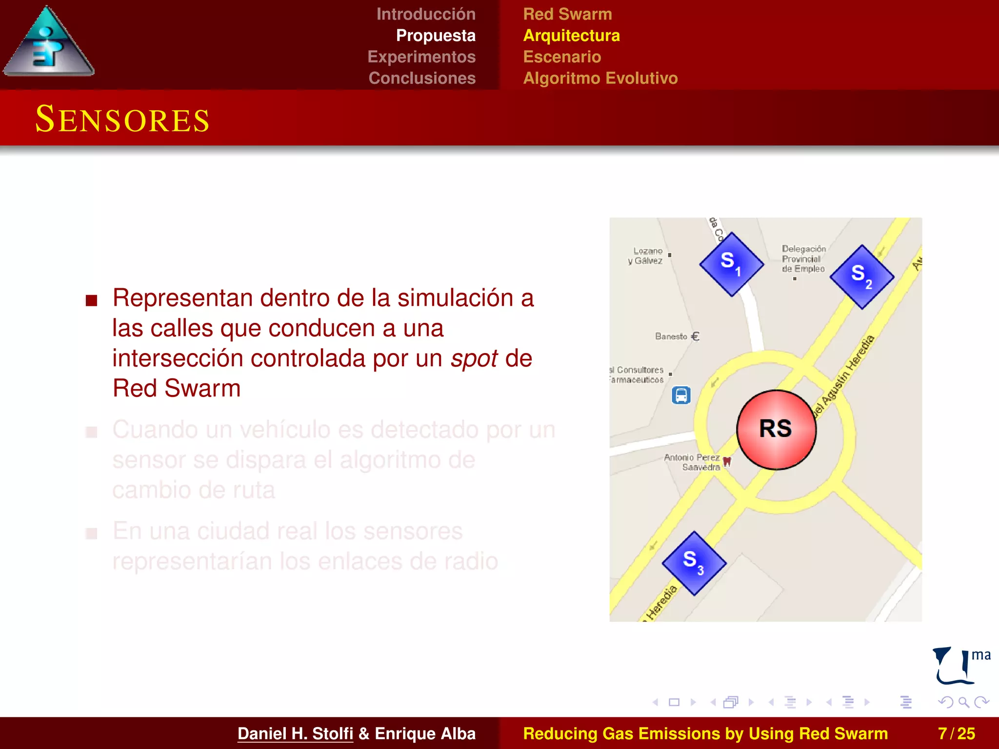 Introducción 
Propuesta 
Experimentos 
Conclusiones 
Red Swarm 
Arquitectura 
Escenario 
Algoritmo Evolutivo 
SENSORES 
Representan dentro de la simulación a 
las calles que conducen a una 
intersección controlada por un spot de 
Red Swarm 
Cuando un vehículo es detectado por un 
sensor se dispara el algoritmo de 
cambio de ruta 
En una ciudad real los sensores 
representarían los enlaces de radio 
Daniel H. Stolfi & Enrique Alba Reducing Gas Emissions by Using Red Swarm 7 / 25 
 
