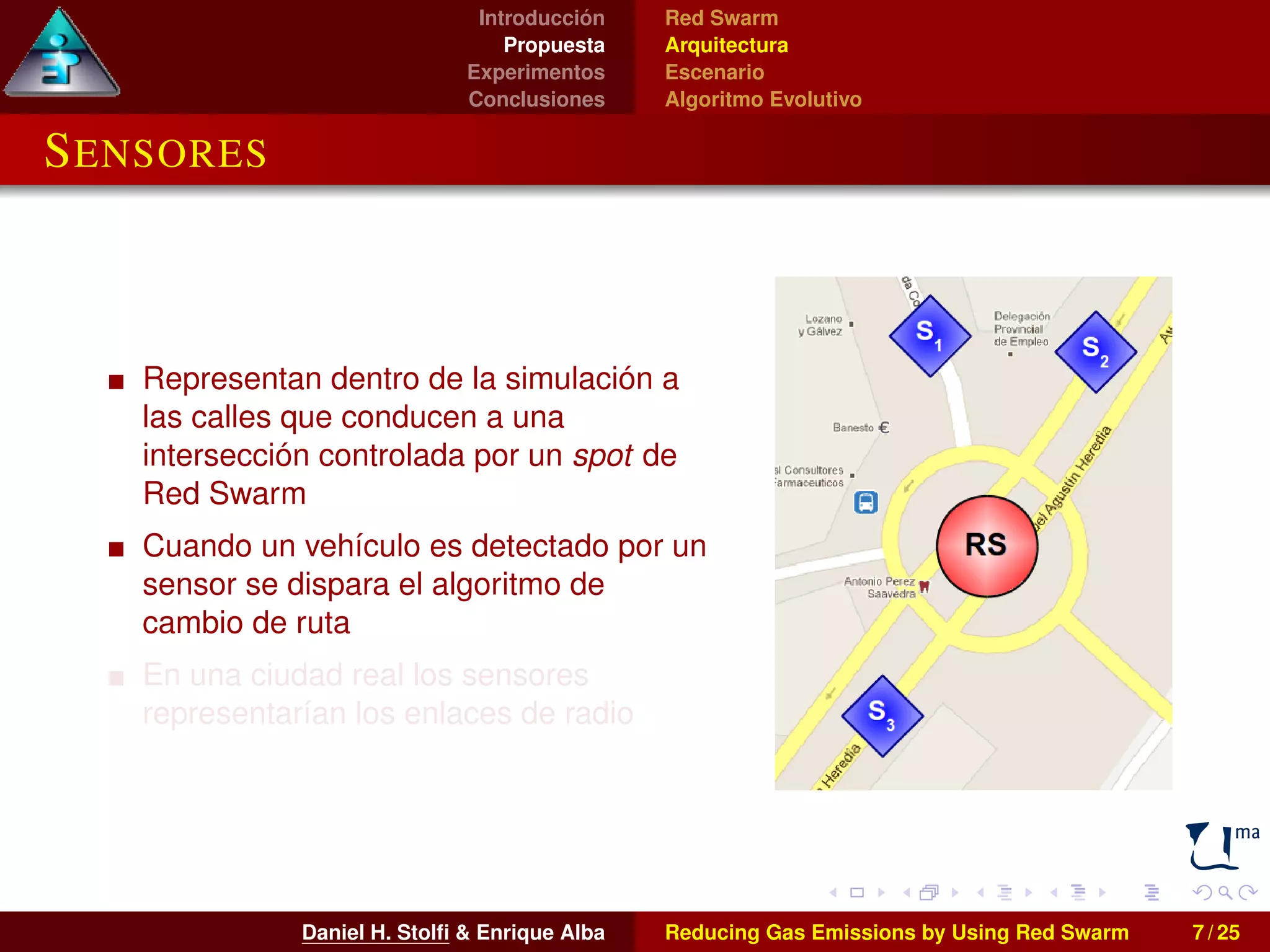 Introducción 
Propuesta 
Experimentos 
Conclusiones 
Red Swarm 
Arquitectura 
Escenario 
Algoritmo Evolutivo 
SENSORES 
Representan dentro de la simulación a 
las calles que conducen a una 
intersección controlada por un spot de 
Red Swarm 
Cuando un vehículo es detectado por un 
sensor se dispara el algoritmo de 
cambio de ruta 
En una ciudad real los sensores 
representarían los enlaces de radio 
Daniel H. Stolfi & Enrique Alba Reducing Gas Emissions by Using Red Swarm 7 / 25 
 