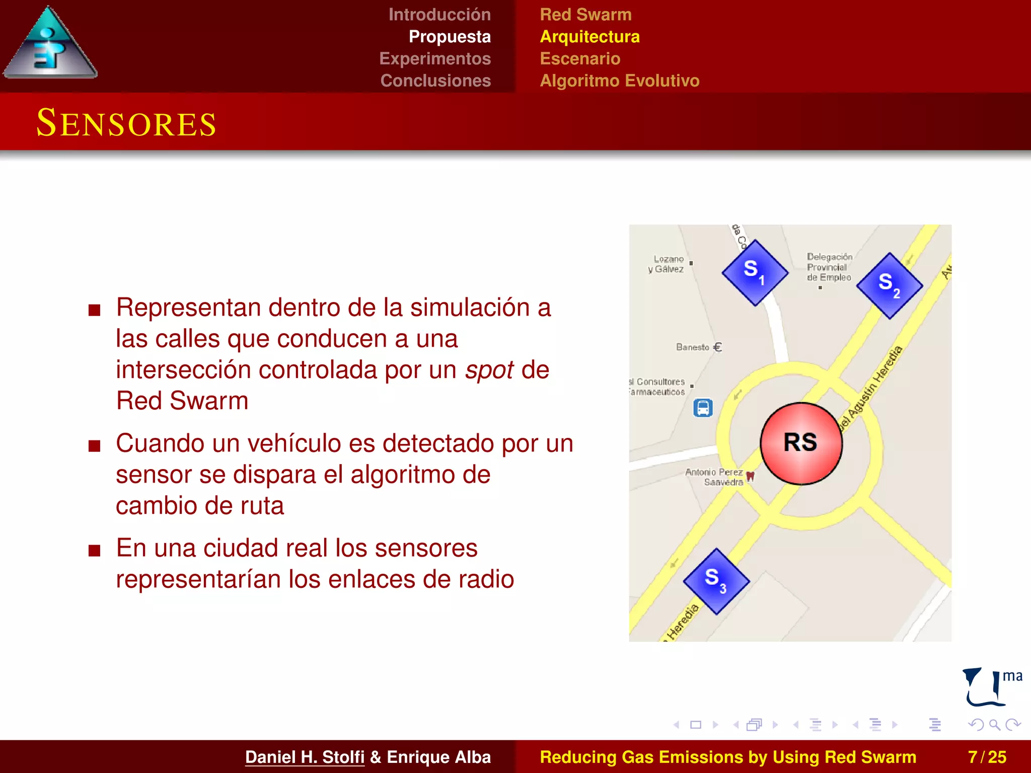 Introducción 
Propuesta 
Experimentos 
Conclusiones 
Red Swarm 
Arquitectura 
Escenario 
Algoritmo Evolutivo 
SENSORES 
Representan dentro de la simulación a 
las calles que conducen a una 
intersección controlada por un spot de 
Red Swarm 
Cuando un vehículo es detectado por un 
sensor se dispara el algoritmo de 
cambio de ruta 
En una ciudad real los sensores 
representarían los enlaces de radio 
Daniel H. Stolfi & Enrique Alba Reducing Gas Emissions by Using Red Swarm 7 / 25 
 