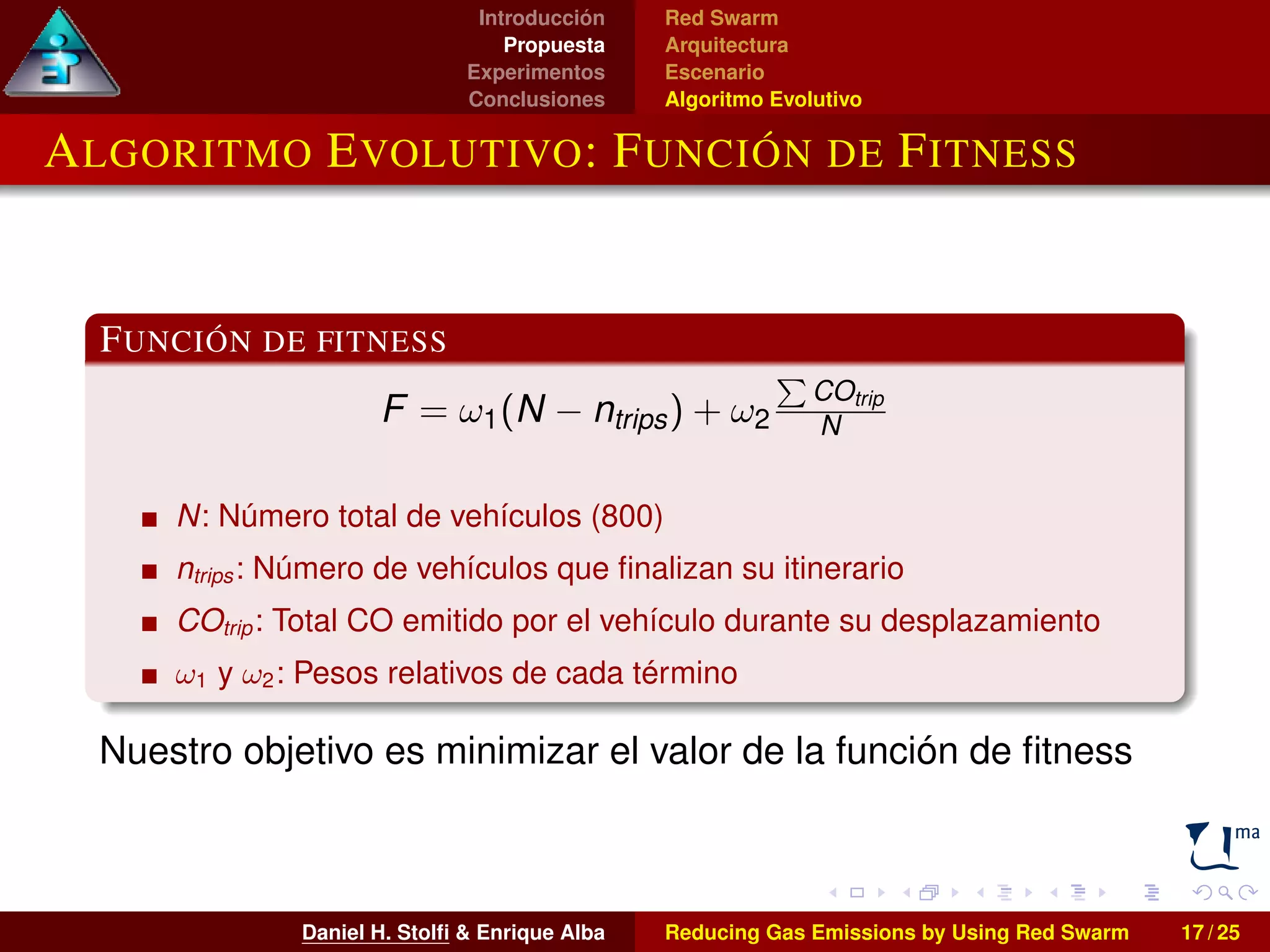 Introducción 
Propuesta 
Experimentos 
Conclusiones 
Red Swarm 
Arquitectura 
Escenario 
Algoritmo Evolutivo 
ALGORITMO EVOLUTIVO: FUNCIÓN DE FITNESS 
FUNCIÓN DE FITNESS 
F = !1(N  ntrips) + !2 
P 
COtrip 
N 
N: Número total de vehículos (800) 
ntrips : Número de vehículos que finalizan su itinerario 
COtrip : Total CO emitido por el vehículo durante su desplazamiento 
!1 y !2: Pesos relativos de cada término 
Nuestro objetivo es minimizar el valor de la función de fitness 
Daniel H. Stolfi  Enrique Alba Reducing Gas Emissions by Using Red Swarm 17 / 25 
 