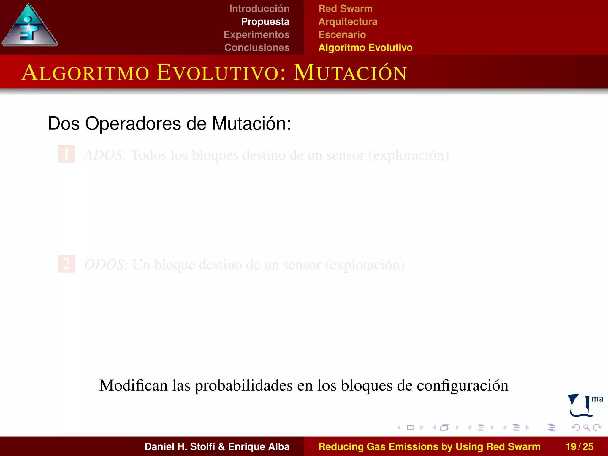 Introducción 
Propuesta 
Experimentos 
Conclusiones 
Red Swarm 
Arquitectura 
Escenario 
Algoritmo Evolutivo 
ALGORITMO EVOLUTIVO: MUTACIÓN 
Dos Operadores de Mutación: 
1 ADOS: Todos los bloques destino de un sensor (exploración) 
2 ODOS: Un bloque destino de un sensor (explotación) 
Modifican las probabilidades en los bloques de configuración 
Daniel H. Stolfi  Enrique Alba Reducing Gas Emissions by Using Red Swarm 19 / 25 
 
