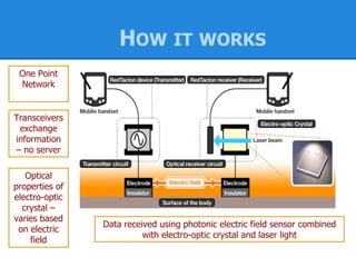 One Point
Network
Transceivers
exchange
information
– no server
Optical
properties of
electro-optic
crystal –
varies based
on electric
field
Data received using photonic electric field sensor combined
with electro-optic crystal and laser light
HOW IT WORKS
 