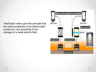RedTacton relies upon the principle that 
the optical properties of an electro-optic 
crystal can vary according to the 
changes of a weak electric field. 
 