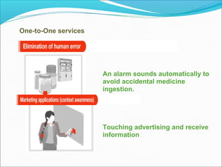 One-to-One services
An alarm sounds automatically to
avoid accidental medicine
ingestion.
Touching advertising and receive
information
 