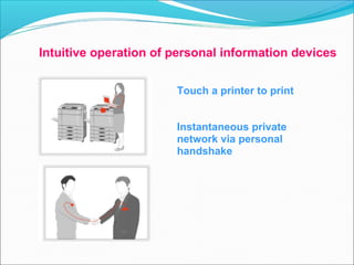 Intuitive operation of personal information devices
Touch a printer to print
Instantaneous private
network via personal
handshake
 
