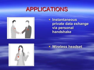 APPLICATIONS Instantaneous private data exhange via personal handshake Wireless headset 