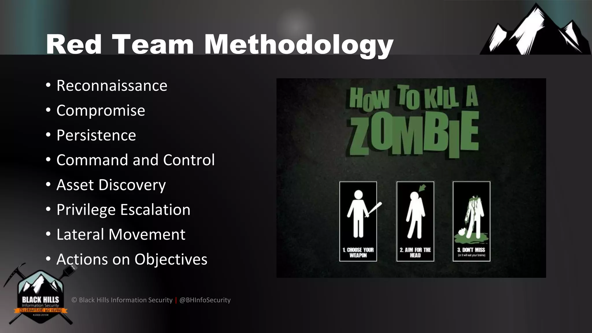 © Black Hills Information Security | @BHInfoSecurity
Red Team Methodology
• Reconnaissance
• Compromise
• Persistence
• Command and Control
• Asset Discovery
• Privilege Escalation
• Lateral Movement
• Actions on Objectives
 