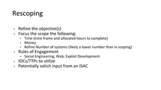 Rescoping
• Refine the objective(s)
• Focus the scope the following:
• Time (time frame and allocated hours to complete)
• Money
• Refine Number of systems (likely a lower number than in scoping)
• Rules of Engagement
• Social Engineering, Web, Exploit Development
• IOCs/TTPs to utilize
• Potentially solicit input from an ISAC
 