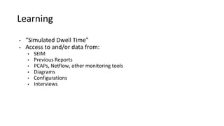 Learning
• “Simulated Dwell Time”
• Access to and/or data from:
• SEIM
• Previous Reports
• PCAPs, Netflow, other monitoring tools
• Diagrams
• Configurations
• Interviews
 