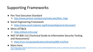 Supporting Frameworks
● Pen Test Execution Standard
○ http://www.pentest-standard.org/index.php/Main_Page
● Social Engineering Framework
○ https://www.social-engineer.org/framework/general-discussion/
● Mitre ATT&CK
○ https://attack.mitre.org/
● NIST SP 800-115 (Technical Guide to Information Security Testing
and Assessment)
○ https://csrc.nist.gov/publications/detail/sp/800-115/final
● More here:
https://www.owasp.org/index.php/Penetration_testing_methodologies#Technical_Guide_to_Information_Security_Testing_and_Asses
sment_.28NIST800-115.29
 