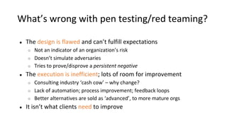 What’s wrong with pen testing/red teaming?
● The design is flawed and can’t fulfill expectations
○ Not an indicator of an organization’s risk
○ Doesn’t simulate adversaries
○ Tries to prove/disprove a persistent negative
● The execution is inefficient; lots of room for improvement
○ Consulting industry ‘cash cow’ – why change?
○ Lack of automation; process improvement; feedback loops
○ Better alternatives are sold as ‘advanced’, to more mature orgs
● It isn’t what clients need to improve
 