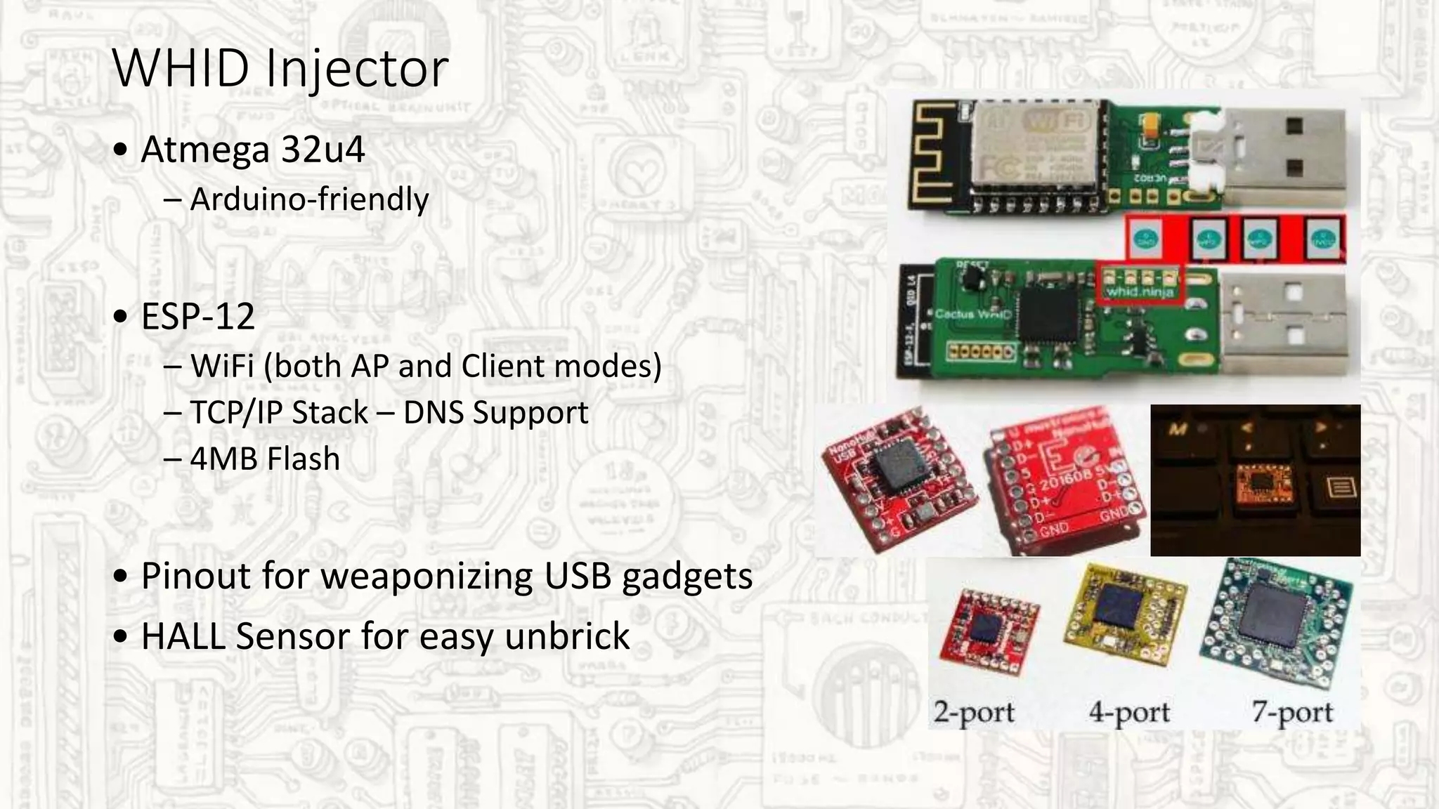 WHID Injector
• Atmega 32u4
– Arduino-friendly
• ESP-12
– WiFi (both AP and Client modes)
– TCP/IP Stack – DNS Support
– 4MB Flash
• Pinout for weaponizing USB gadgets
• HALL Sensor for easy unbrick
 