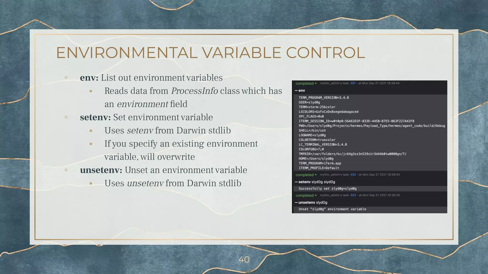 ENVIRONMENTAL VARIABLE CONTROL
▫ env: List out environment variables
⬝ Reads data from ProcessInfo class which has
an environment ﬁeld
▫ setenv: Set environment variable
⬝ Uses setenv from Darwin stdlib
⬝ If you specify an existing environment
variable, will overwrite
▫ unsetenv: Unset an environment variable
⬝ Uses unsetenv from Darwin stdlib
40
 