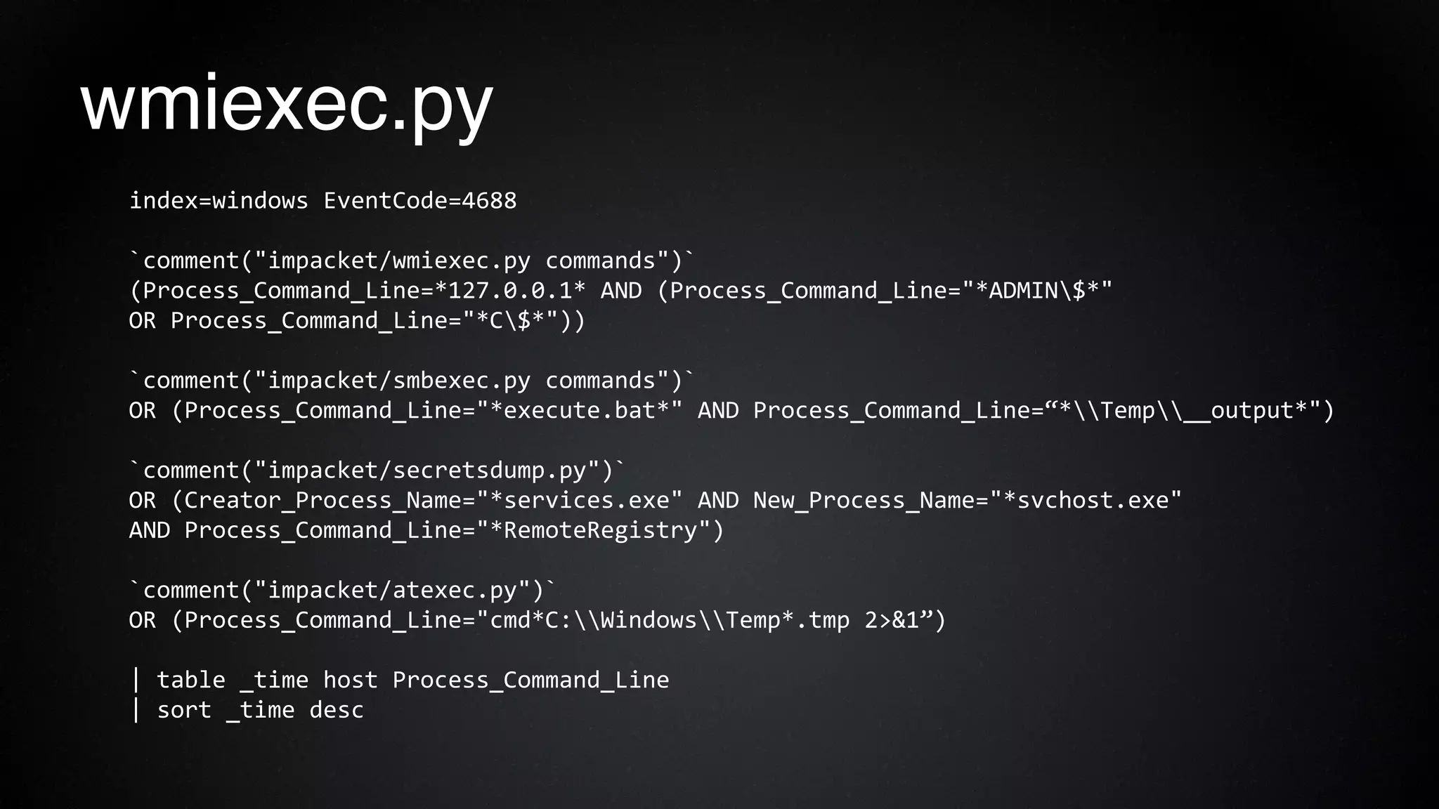 wmiexec.py
index=windows EventCode=4688
`comment("impacket/wmiexec.py commands")`
(Process_Command_Line=*127.0.0.1* AND (Process_Command_Line="*ADMIN$*"
OR Process_Command_Line="*C$*"))
`comment("impacket/smbexec.py commands")`
OR (Process_Command_Line="*execute.bat*" AND Process_Command_Line=“*Temp__output*")
`comment("impacket/secretsdump.py")`
OR (Creator_Process_Name="*services.exe" AND New_Process_Name="*svchost.exe"
AND Process_Command_Line="*RemoteRegistry")
`comment("impacket/atexec.py")`
OR (Process_Command_Line="cmd*C:WindowsTemp*.tmp 2>&1”)
| table _time host Process_Command_Line
| sort _time desc
 