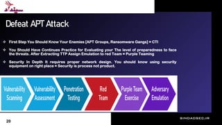 sindadsec.ir
Defeat APT Attack
 First Step You Should Know Your Enemies [APT Groups, Ransomware Gangs] = CTI
 You Should Have Continues Practice for Evaluating your The level of preparedness to face
the threats. After Extracting TTP Assign Emulation to red Team = Purple Teaming
 Security In Depth It requires proper network design. You should know using security
equipment on right place = Security is process not product.
20
 