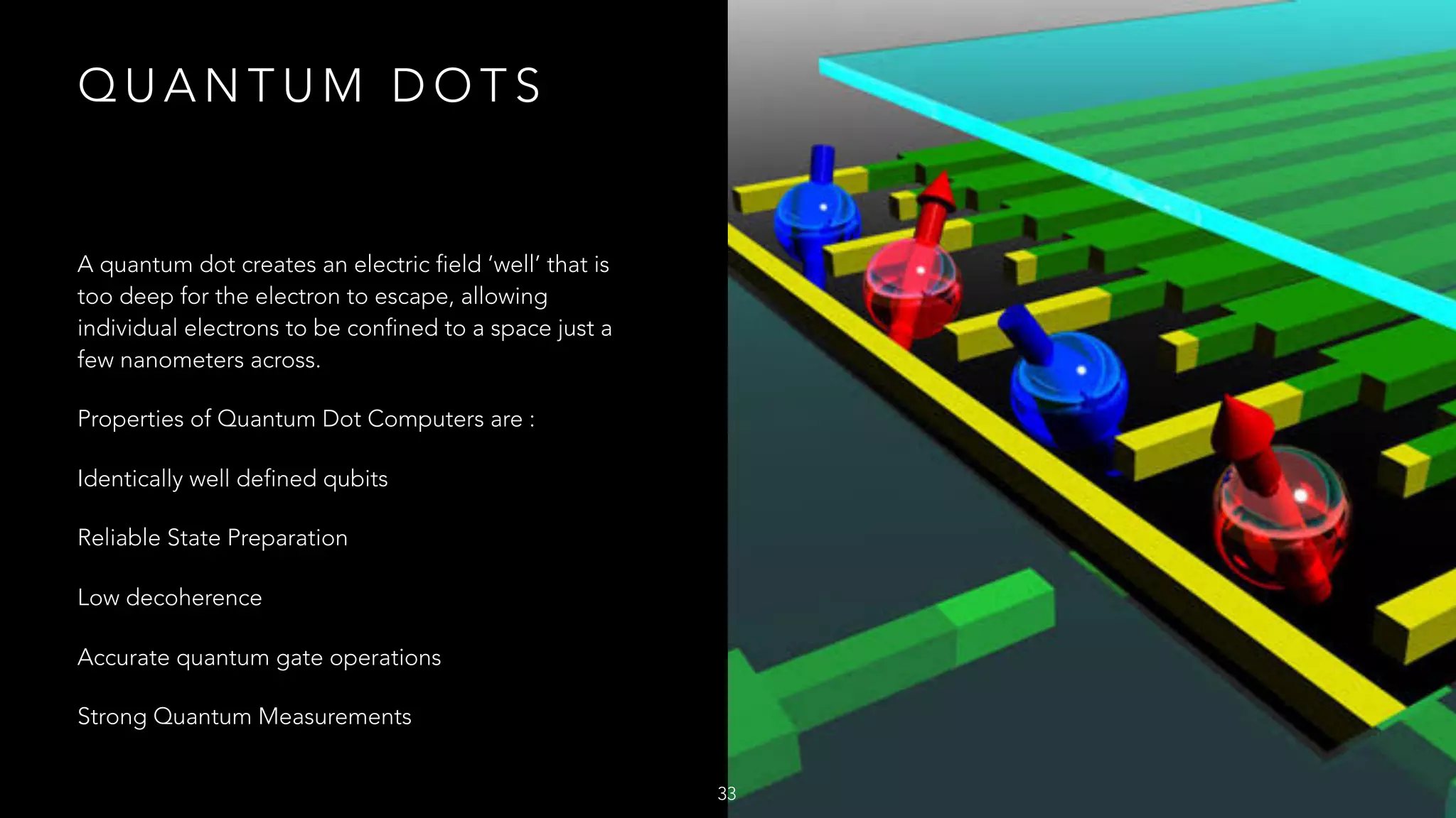 Q U A N T U M D O T S
A quantum dot creates an electric field ‘well’ that is
too deep for the electron to escape, allowing
individual electrons to be confined to a space just a
few nanometers across. 
Properties of Quantum Dot Computers are :
Identically well defined qubits
Reliable State Preparation
Low decoherence
Accurate quantum gate operations
Strong Quantum Measurements
33
 