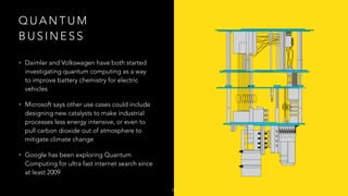 Q U A N T U M
B U S I N E S S
• Daimler and Volkswagen have both started
investigating quantum computing as a way
to improve battery chemistry for electric
vehicles
• Microsoft says other use cases could include
designing new catalysts to make industrial
processes less energy intensive, or even to
pull carbon dioxide out of atmosphere to
mitigate climate change
• Google has been exploring Quantum
Computing for ultra fast internet search since
at least 2009
10
 