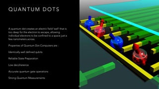 Q U A N T U M D O T S
A quantum dot creates an electric field ‘well’ that is
too deep for the electron to escape, allowing
individual electrons to be confined to a space just a
few nanometers across. 
Properties of Quantum Dot Computers are :
Identically well defined qubits
Reliable State Preparation
Low decoherence
Accurate quantum gate operations
Strong Quantum Measurements
33
 