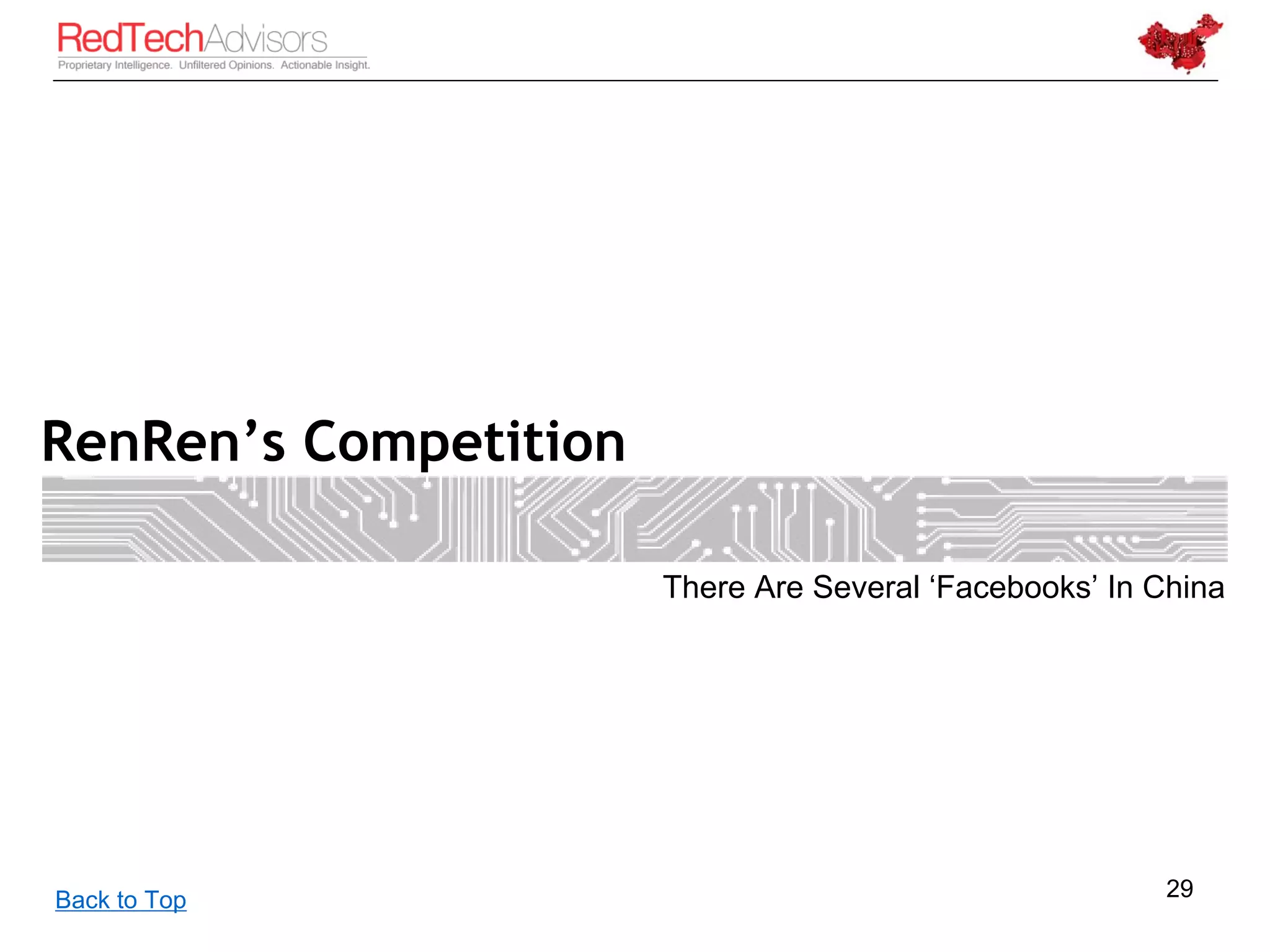 RenRen’s Competition

                       There Are Several ‘Facebooks’ In China




Back to Top                                              29
 