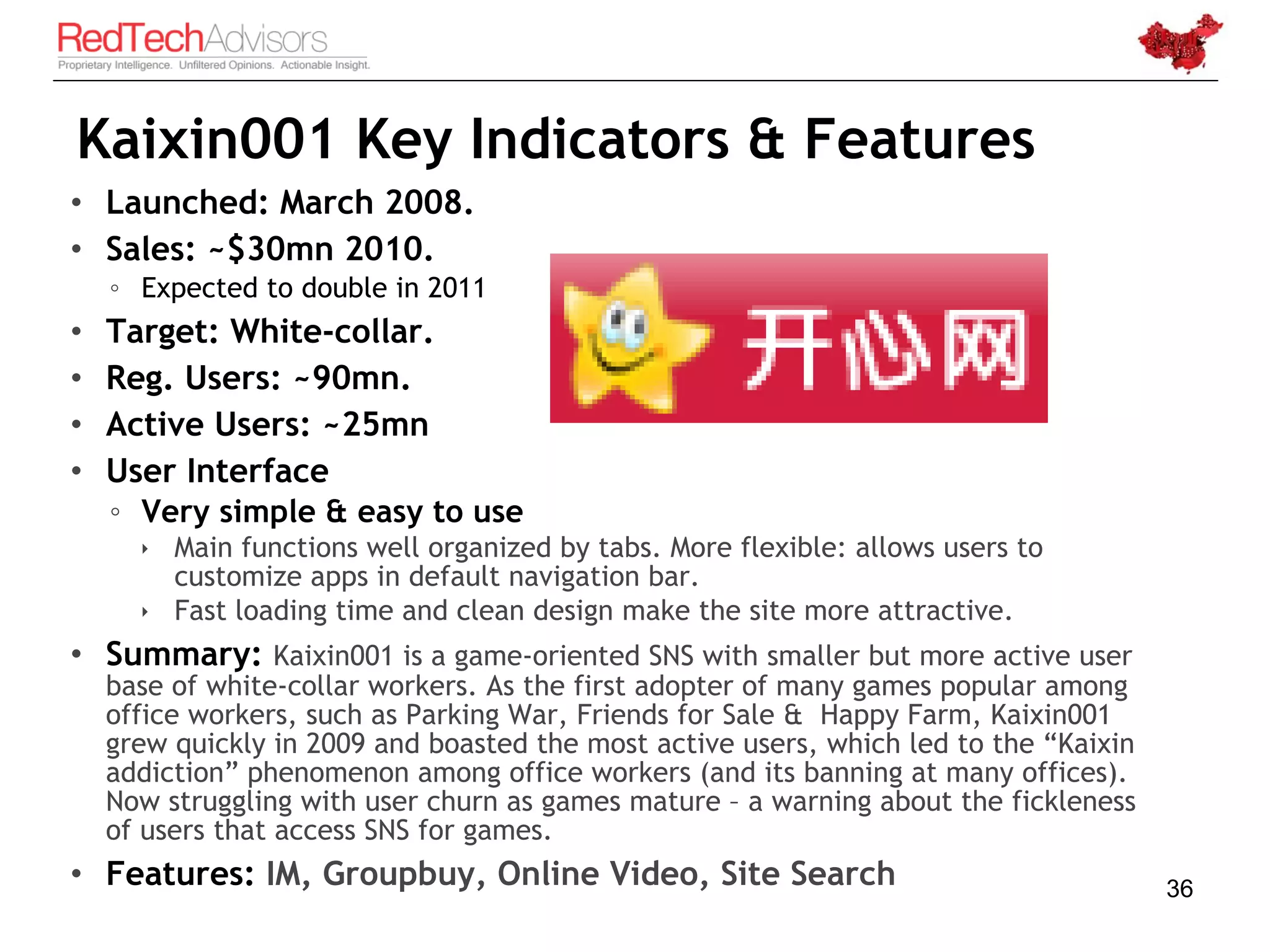 Kaixin001 Key Indicators & Features
• Launched: March 2008.
• Sales: ~$30mn 2010.
    ◦ Expected to double in 2011
•   Target: White-collar.
•   Reg. Users: ~90mn.
•   Active Users: ~25mn
•   User Interface
    ◦ Very simple & easy to use
       Main functions well organized by tabs. More flexible: allows users to
        customize apps in default navigation bar.
       Fast loading time and clean design make the site more attractive.
• Summary: Kaixin001 is a game-oriented SNS with smaller but more active user
    base of white-collar workers. As the first adopter of many games popular among
    office workers, such as Parking War, Friends for Sale & Happy Farm, Kaixin001
    grew quickly in 2009 and boasted the most active users, which led to the “Kaixin
    addiction” phenomenon among office workers (and its banning at many offices).
    Now struggling with user churn as games mature – a warning about the fickleness
    of users that access SNS for games.
• Features: IM, Groupbuy, Online Video, Site Search                                    36
 