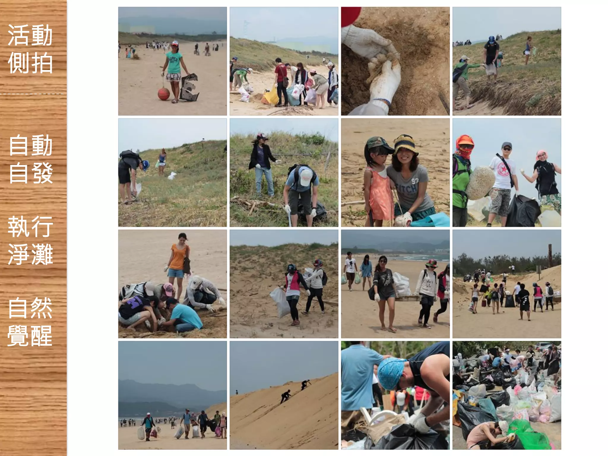 活動 
側拍 
自動 
自發 
執行 
淨灘 
自然 
覺醒 
 